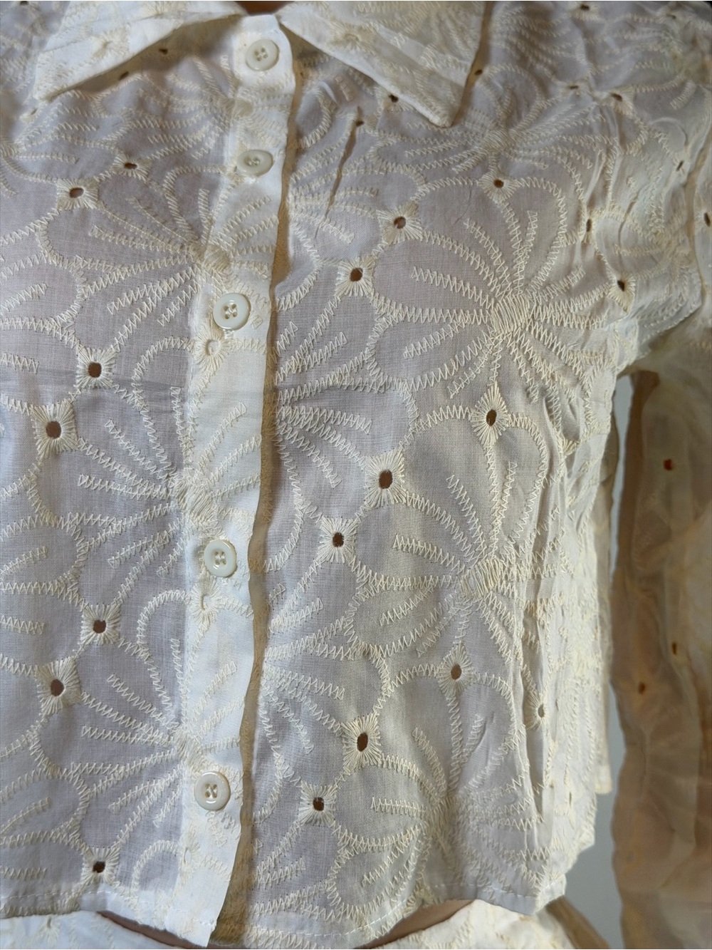 White Eyelet Embroidered Button-Up Blouse
